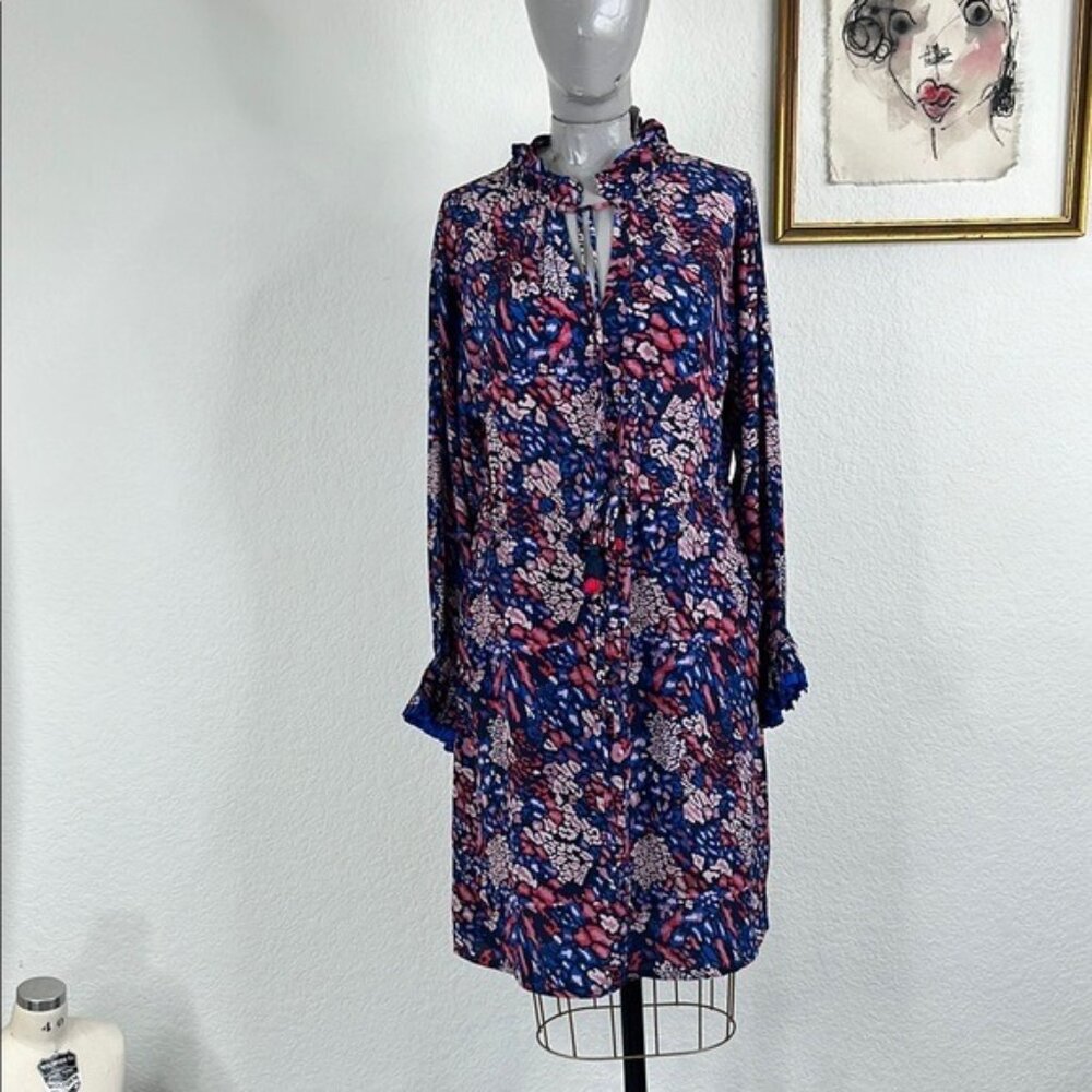 Rungolee Silk Francesca Ruffle Full Sleeve Pocket Tassel Tunic Mini Dress
